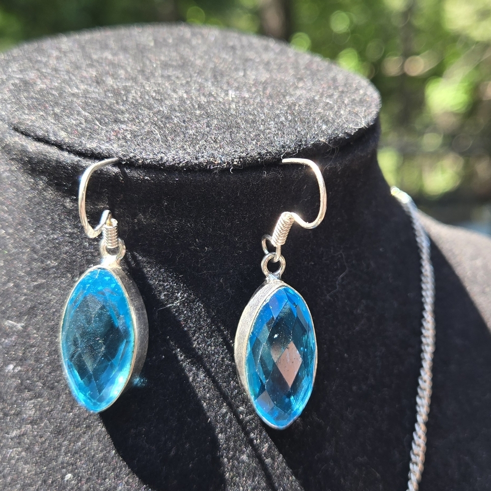 Blue Topaz Teardrop Beveled Necklace 18" Bracelet 10" Ring 4.5 Earring SET - Picture 8 of 11